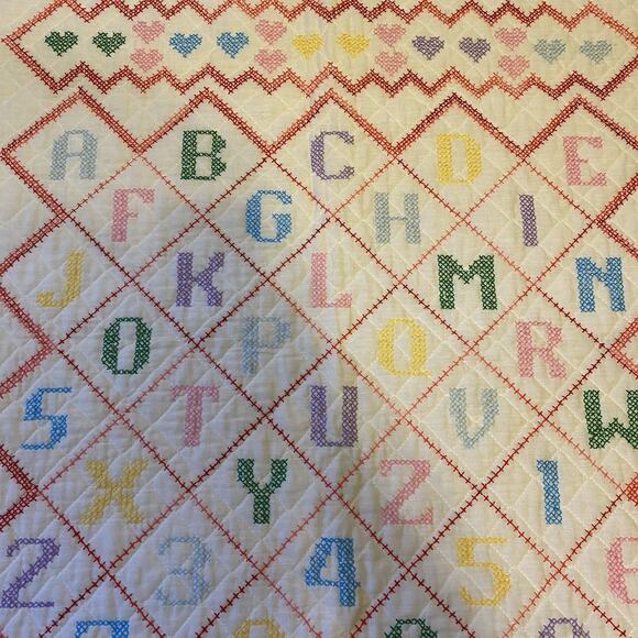 VTG 70s Cross-Stick Baby Quilt Toddler Crib Educational Nursery Blanket 29x40” - Picture 3 of 6